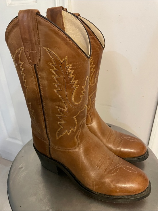 Old West Shoes - Old West Tan Leather Western Boots with Pull Straps